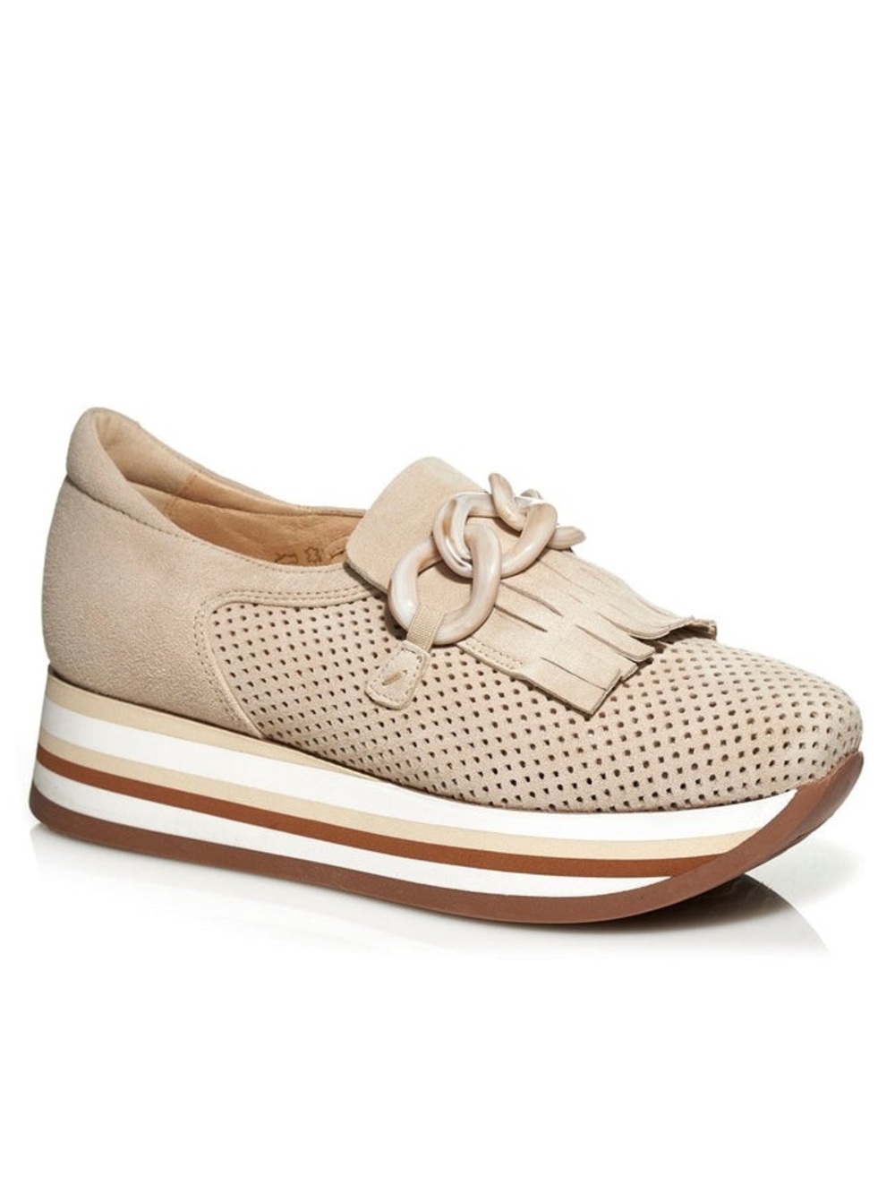 Neutral Beige Perforated Platform Loafer with Fringe and Chain Accent